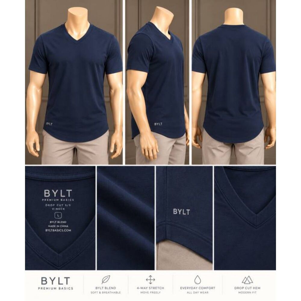 BYLT Premium Basics Men's Navy Drop Cut V-Neck T-Shirt Size L